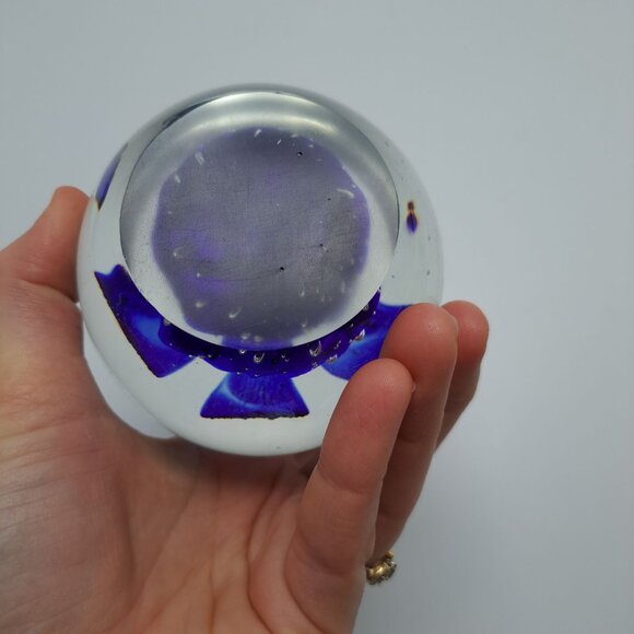 Handblown Cobalt Blue Glass Paperweight With Flower Design - Picture 7 of 7